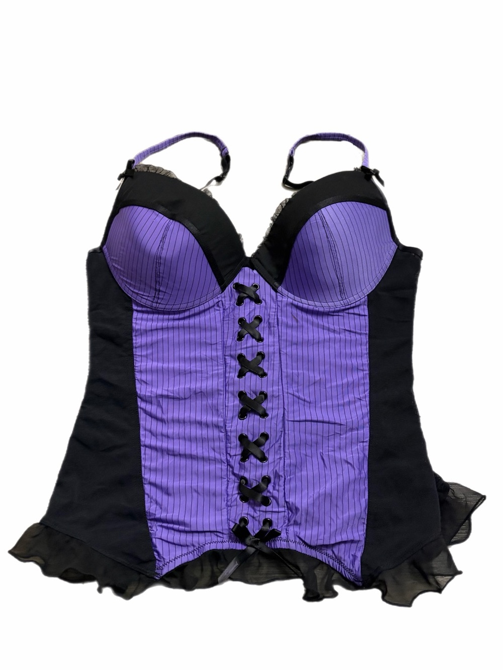 90s/Y2K European Vintage Pinstripe Lace Up Corset Bustier Top (Purple/Black) M